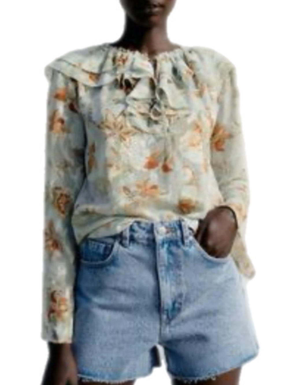 Zara Pale Green Floral Ruffle-Front Blouse